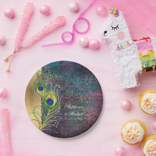エレガント孔雀の羽ジュエルスクロール結婚ワーク ペーパープレート (パーティー)