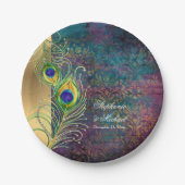 エレガント孔雀の羽ジュエルスクロール結婚ワーク ペーパープレート (正面)