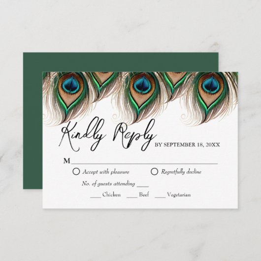 エレガント孔雀フェザー結婚式RSVPカード 出欠カード (正面/裏面)