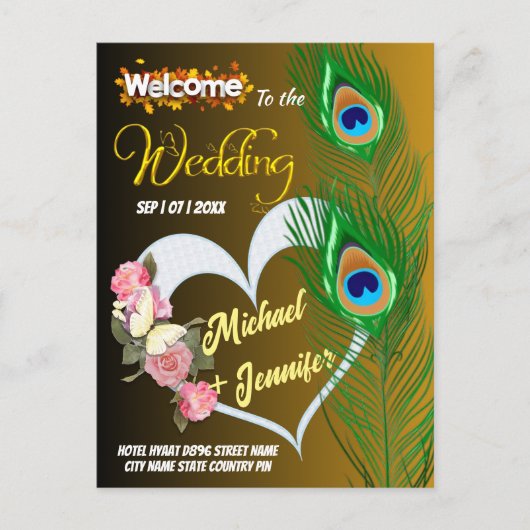 エレガント孔雀フェザー&バラカスタムウェディング ポストカード (正面)