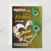 エレガント孔雀フェザー&バラカスタムウェディング 招待状 (正面)