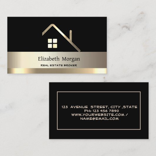 エレガント実在エステート・ブローカーハウス金ゴールドルーフブラック 名刺 (正面/裏面)
