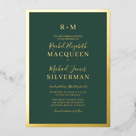 エレガント実在縁ど結婚厚緑の金ゴールド 箔招待状 (正面)