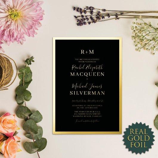 エレガント実在縁ど結婚金ゴールドの厚い黒い 箔招待状