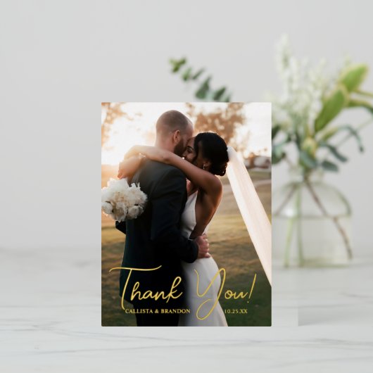 エレガント実在金フォイル写真結婚s Thank You 箔招待状ポストカード (立ち正面)