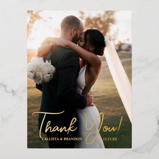 エレガント実在金フォイル写真結婚s Thank You 箔招待状ポストカード (正面)