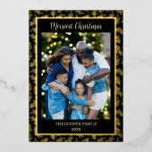 エレガント家族モダン写真クリスマスブラック&金ゴールド 箔シーズンカード (正面)