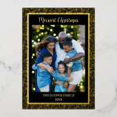 エレガント家族モダン写真クリスマスブラック&金ゴールド 箔シーズンカード (正面)