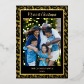 エレガント家族モダン写真クリスマスブラック&金ゴールド 箔シーズンカード (正面)