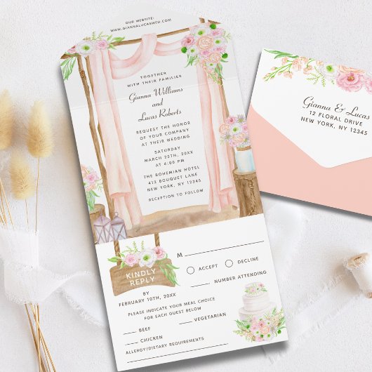 エレガント屋外の水色ピンクのフローラ結婚ズ オールインワン招待状