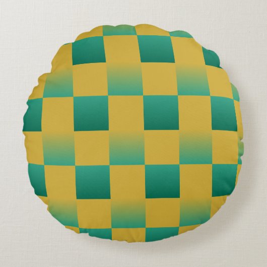 エレガント市松模様に緑と金ゴールド ラウンドクッション (正面)