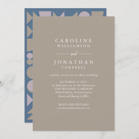 エレガント幾何モダンブルートープ薄紫結婚の 招待状 (正面/裏面)