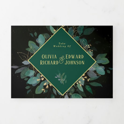 エレガント幾何図黒写真結婚の 三つ折り招待状 (カバー)