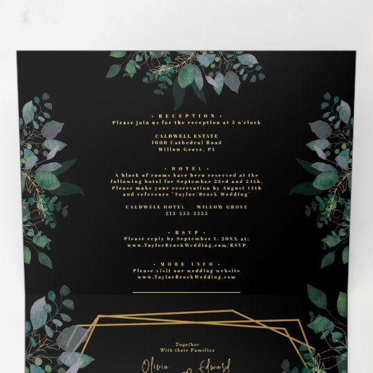 エレガント幾何図黒写真結婚の 三つ折り招待状 (内部最初)