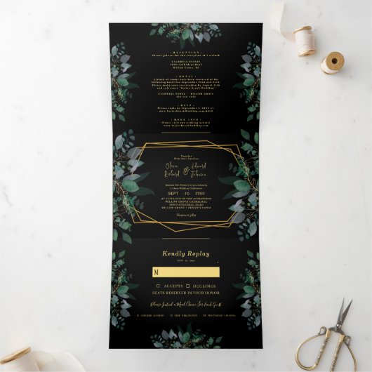 エレガント幾何図黒写真結婚の 三つ折り招待状 (内部)