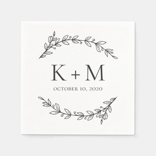 エレガント庭園の結婚式。白黒植物学 スタンダードカクテルナプキン (正面)