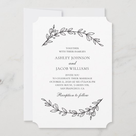 エレガント庭園の結婚式。白黒植物学 招待状 (正面)