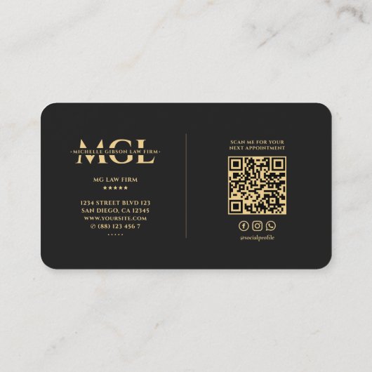 エレガント弁護士モダン弁護士モノグラム黒金ゴールド 名刺 (裏面)