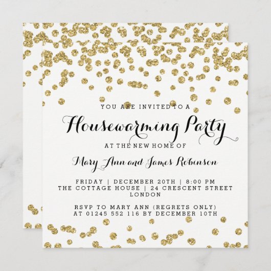 エレガント引っ越し祝いパーティーパーティー金ゴールドグリッター紙吹雪 招待状 (正面/裏面)