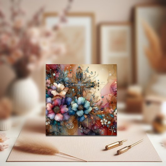 エレガント復活祭クロス水カラーフラワークリスチャン シーズンカード