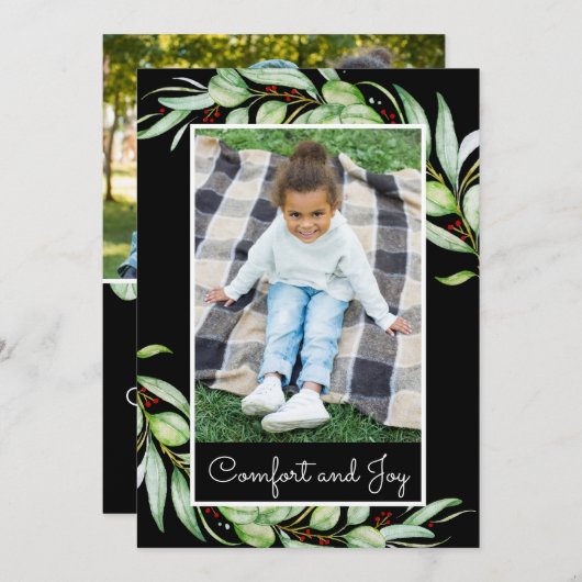 エレガント心地よい&ジョイ緑の写真クリスマス シーズンカード (正面/裏面)