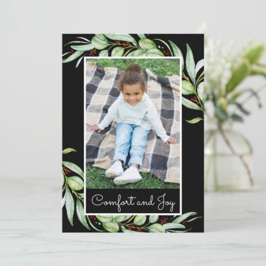 エレガント心地よい&ジョイ緑の写真クリスマス シーズンカード (スタンド正面)