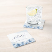 エレガント応援スクリプトほこりっぽい青いフローラ結婚の スクエアペーパーコースター (インサイチュ)