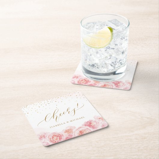 エレガント応援スクリプト金ゴールドと赤面フローラ結婚の スクエアペーパーコースター (インサイチュ)