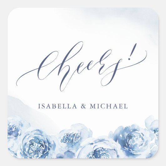 エレガント応援スクリプト青い水の色のフローラ優先 スクエアシール (正面)