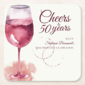 エレガント応援モダン赤ワイン50th誕生日パーティー スクエアペーパーコースター (正面)