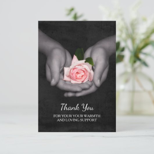 エレガント手のサポートピンクのバラをありがとう サンキューカード (スタンド正面)