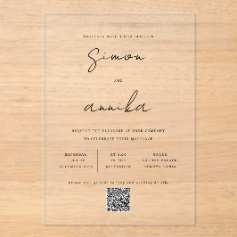 エレガント手書きモダンフォントQRコード結婚の アクリル招待状