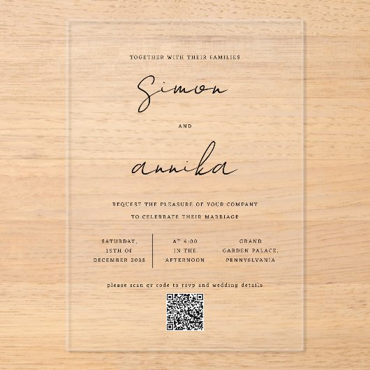 エレガント手書きモダンフォントQRコード結婚の アクリル招待状 (正面)