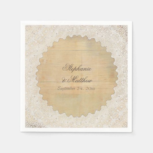 エレガント披露宴素朴デコーヴィンテージレースNウッド スタンダードカクテルナプキン (正面)