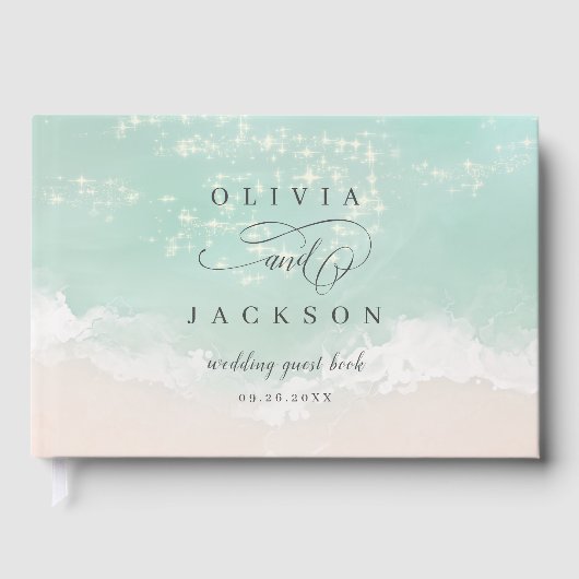 エレガント抽象芸術きらめく海ビーチ結婚式 ゲストブック (正面)