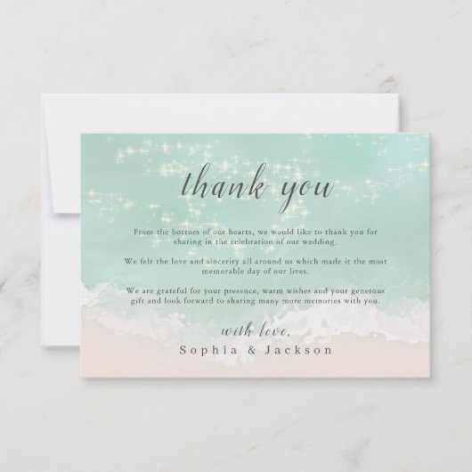 エレガント抽象芸術きらめく海ビーチ結婚式 サンキューカード (正面)