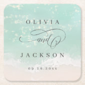 エレガント抽象芸術きらめく海ビーチ結婚式 スクエアペーパーコースター (正面)