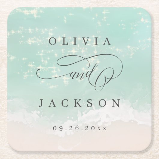 エレガント抽象芸術きらめく海ビーチ結婚式 スクエアペーパーコースター (正面)