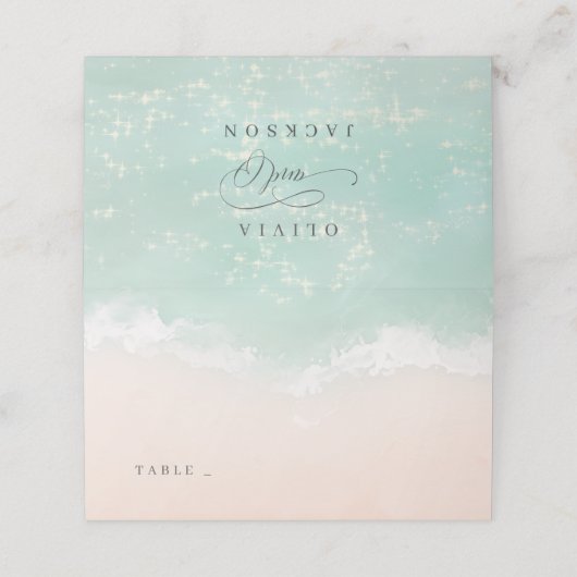 エレガント抽象芸術きらめく海ビーチ結婚式 プレイスカード (外部開封)