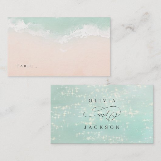 エレガント抽象芸術きらめく海ビーチ結婚式 プレイスカード (正面/裏面)