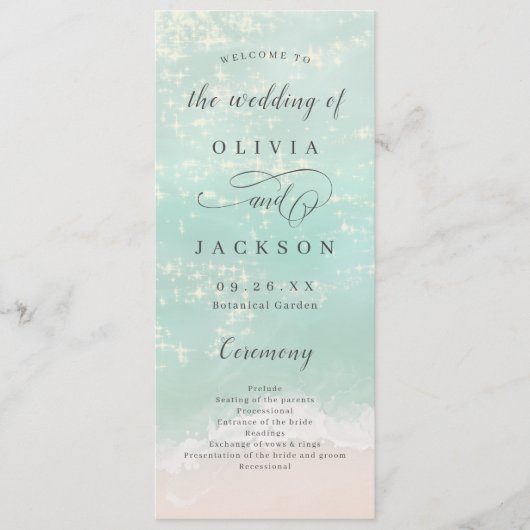 エレガント抽象芸術きらめく海ビーチ結婚式 プログラム (正面)