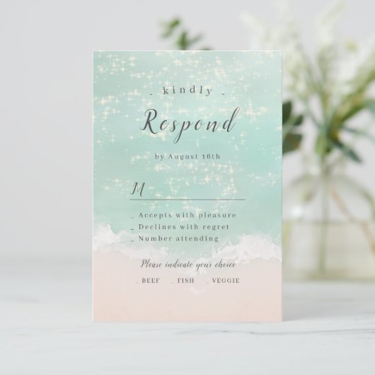 エレガント抽象芸術きらめく海ビーチ結婚式 出欠カード (スタンド正面)