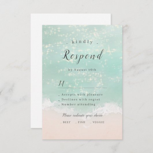 エレガント抽象芸術きらめく海ビーチ結婚式 出欠カード (正面/裏面)