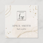 エレガント抽象芸術グリッターアイボリー金ゴールドQRコードロゴ スクエア名刺 (正面)