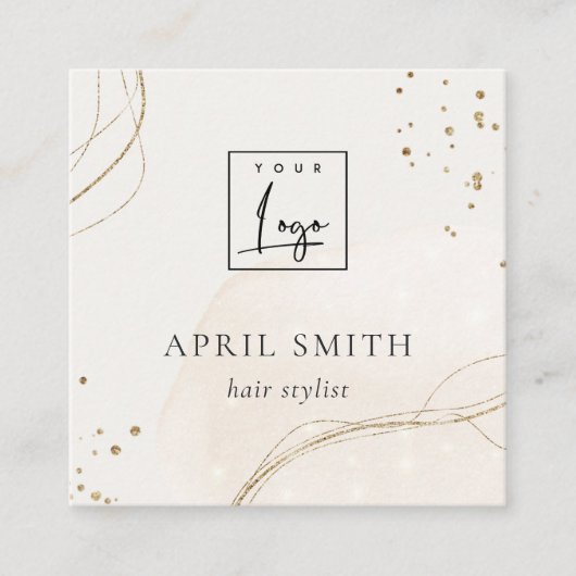 エレガント抽象芸術グリッターアイボリー金ゴールドQRコードロゴ スクエア名刺 (正面)