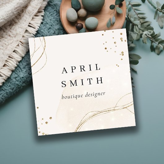 エレガント抽象芸術グリッターアイボリー金ゴールドQRコード スクエア名刺