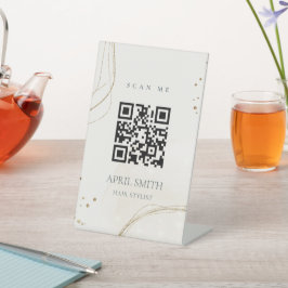 エレガント抽象芸術グリッターアイボリー金ゴールドQRコード 台座サイン