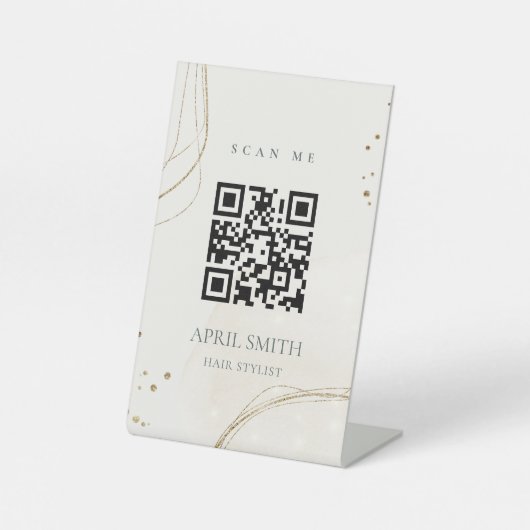 エレガント抽象芸術グリッターアイボリー金ゴールドQRコード 台座サイン (正面)