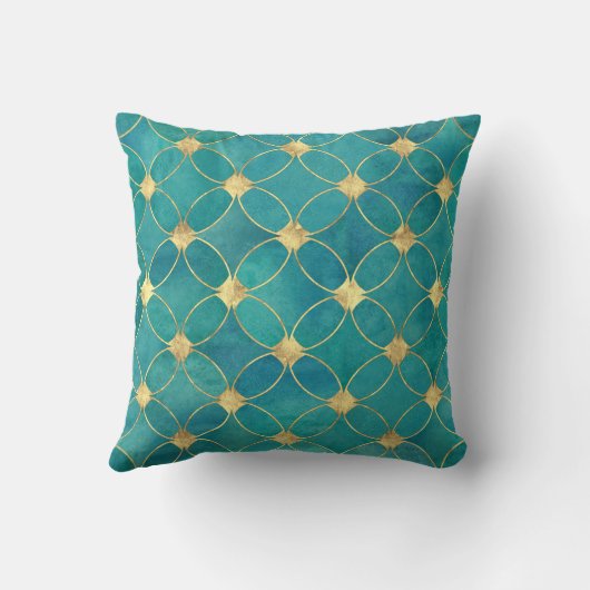 エレガント抽象芸術ティール（緑がかった色）金ゴールドグリッターパターン クッション (裏面)