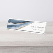 エレガント抽象芸術ネイビーブルーアガテ金ゴールド水彩 デスクネームプレート (正面)